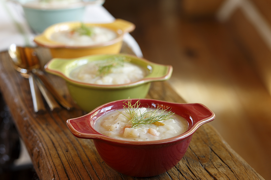 Fennel potato soup - colored bowls