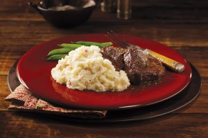 Baby Reds® Mashed Potatoes with steak and snap peas