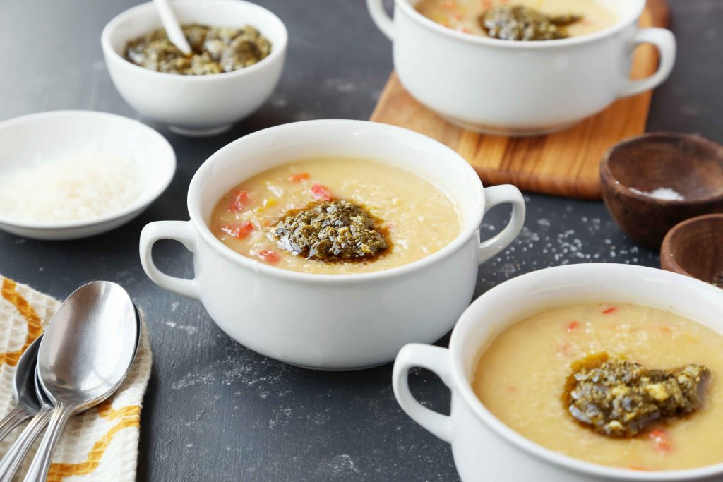 Roasted Garlic and Parmesan Potato Soup with Peppers, Carrots and Pesto