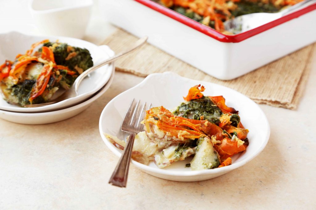 Steakhouse Scalloped Potatoes with Spinach and Carrots