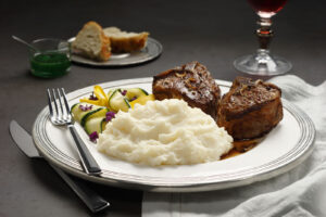 Lamb Chops with Mint Pan Sauce, Idahoan® Classic Mashed Potatoes and Sautéed Zucchini Ribbons