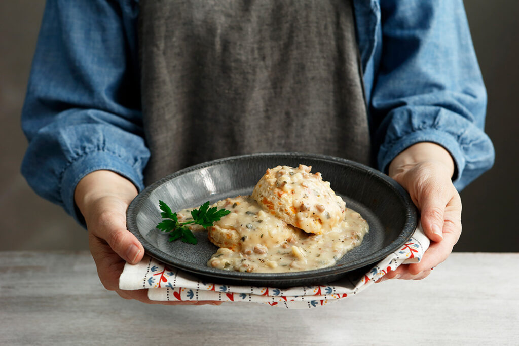 Cheddar Cheese Biscuits and Gravy is a hearty and delicious breakfast.