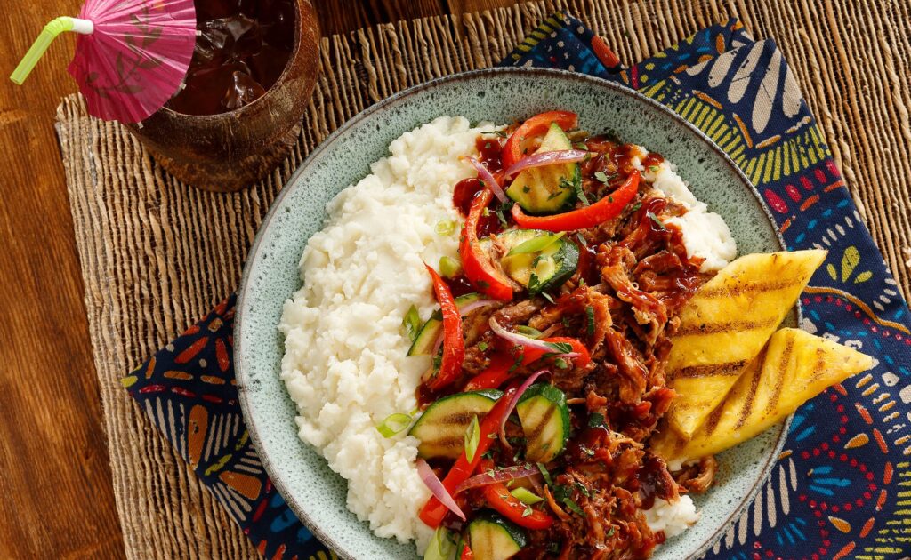 This Hawaiian Chicken Teriyaki Mashed Bowl is perfect for summer grilling or a taste of summertime, anytime.