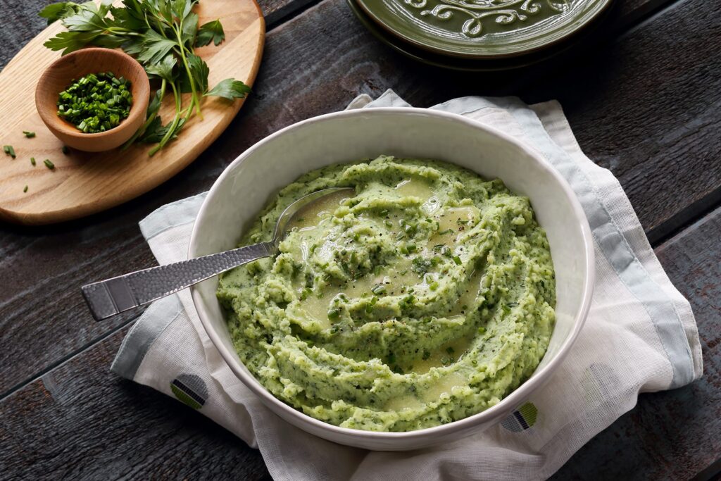 Vibrant and creamy spring green potatoes get a tangy kick from parsley, chives and tarragon.