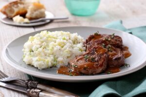Spring Mashed Potatoes with Beef Medallions and Shallot-Thyme Sauce