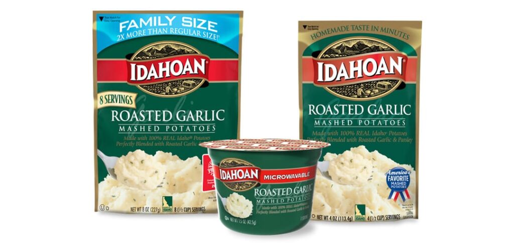 Idahoan Roasted Garlic Mashed Potatoes come in three sizes.