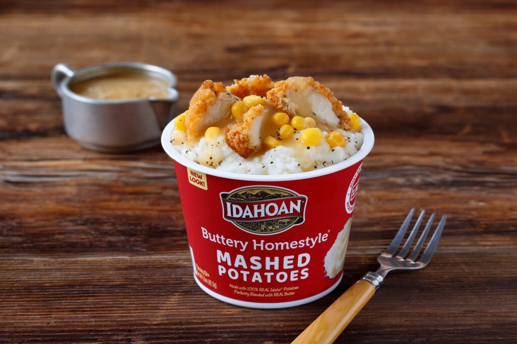 Idahoan Buttery Homestyle Mashed Potatoes Cups with Chicken Tenders, Corn, Gravy & Black Pepper