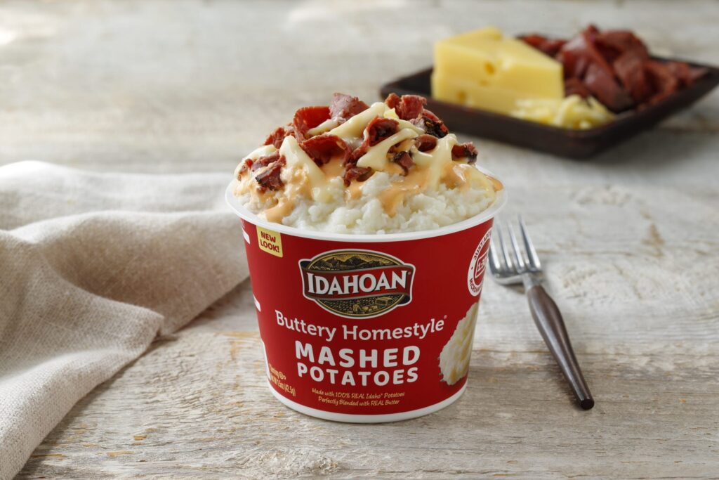 Idahoan Buttery Homestyle Mashed Potatoes Cups with toppings