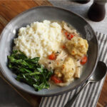 Chicken and Dumplings with Mashed Potatoes and Collard Greens