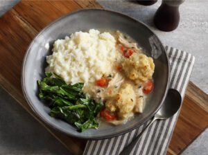 Chicken and Dumplings with Mashed Potatoes and Collard Greens