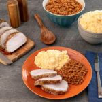 Idahoan Four Cheese Mashed Potatoes with pork loin and beans